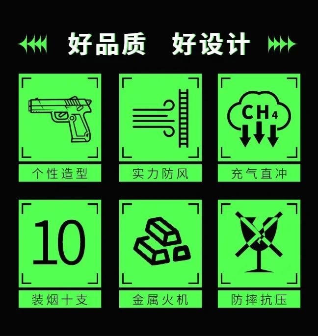 Pistol Style Lighters with 3 Cigarette Cases.